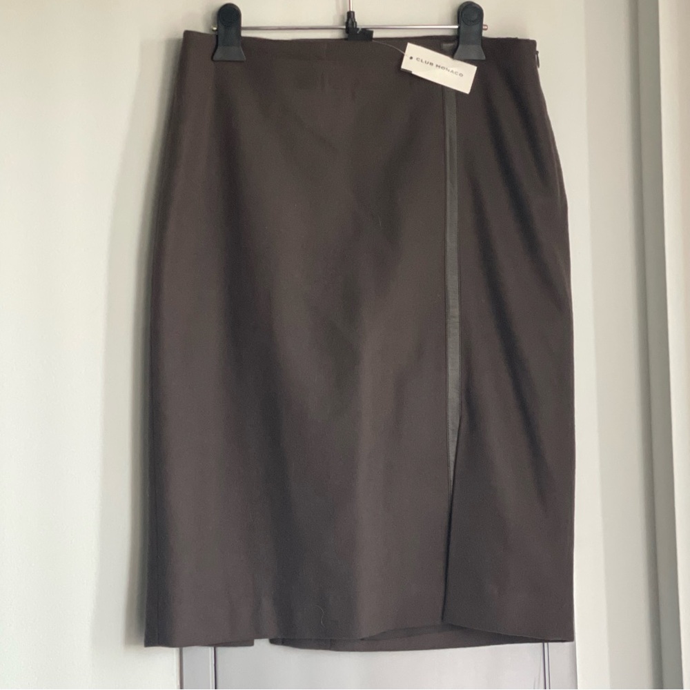 NWT CLUB MONACO Brown Wool Blend With Leather Detail Pencil Skirt